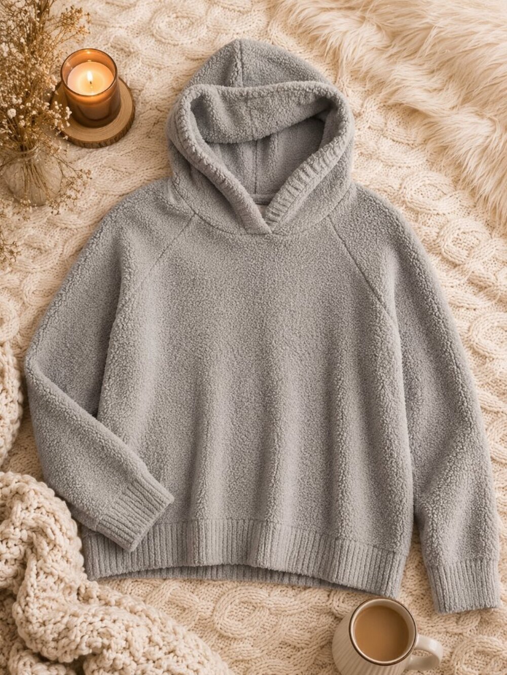 Allie Rose Cozy Sherpa Hoodie Sweater Gray Pullover Soft Plush Hooded Top Size L
